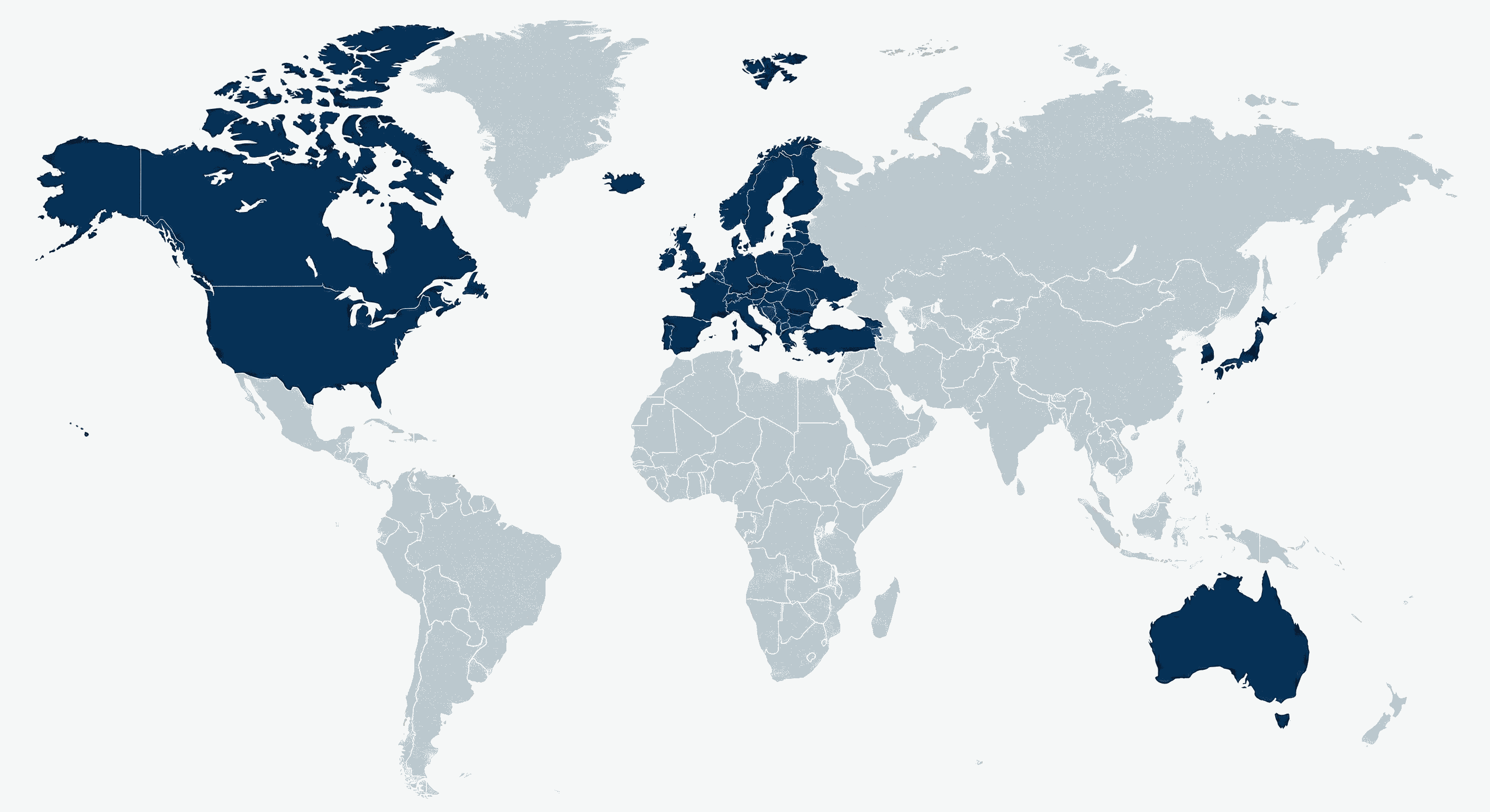 Amberfish global export regions map showing 30+ countries