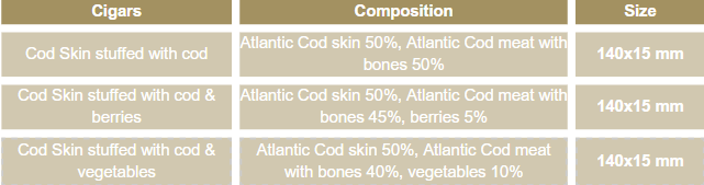 Composition size type of cigars dry dog treats